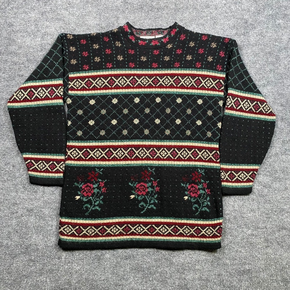 Vintage Basic Editions Floral Fair‎ Isle Knit Sweater Mens Small Black Red USA